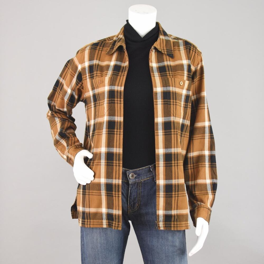 90s Brown Plaid Zip Up Cotton Shacket Jacket, Women's Medium